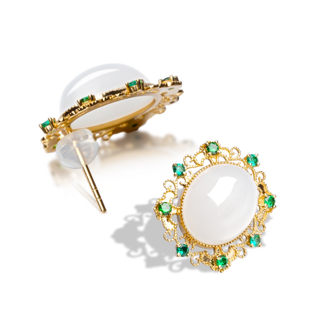 Goldkingdom Fashion Perhiasan Aksesoris Ready Stock Baru Caibao Hetian Jade Ear Studs Ear Ornaments White Jade Pendant Adjustable Cincin Kalung Set Perempuan