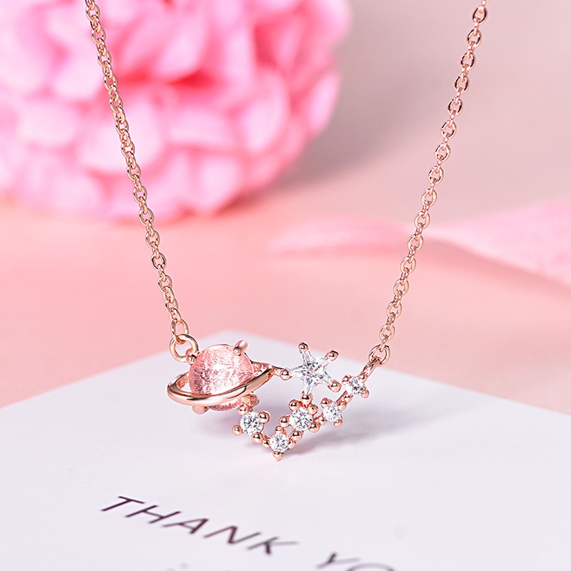 Fashion Kunci Planet Meteor Shower Kalung Pink Zirkon Kristal Liontin Rantai Choker Untuk Aksesoris Perhiasan Wanita