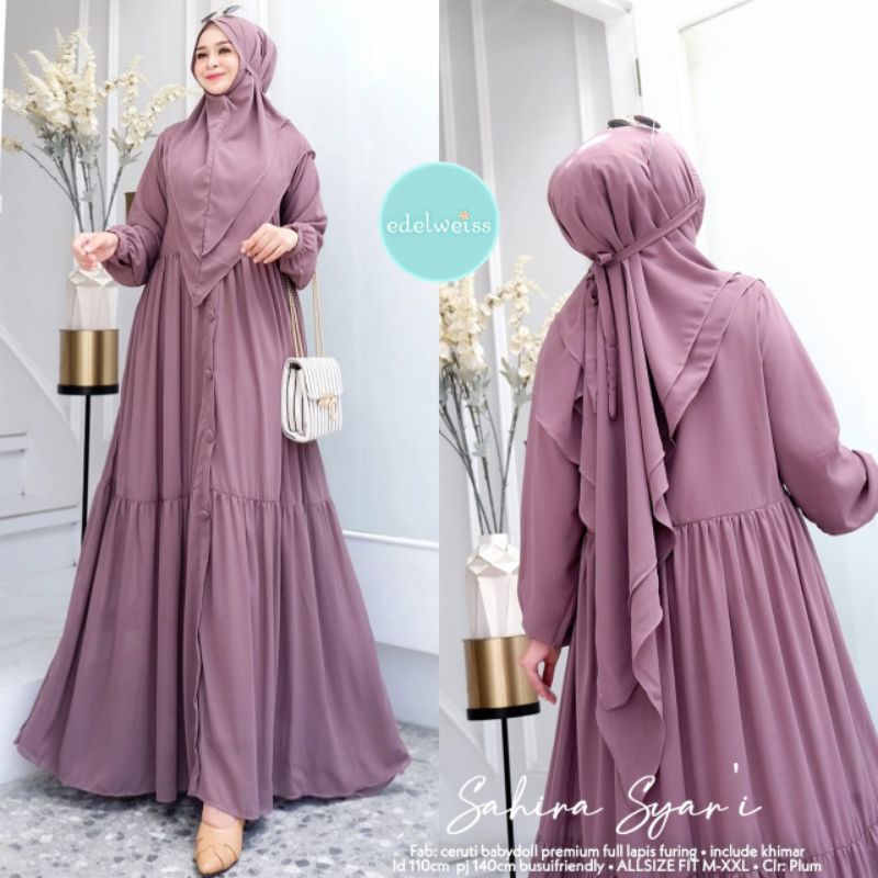SAHIRA SYARI ORI EDELWEISS GAMIS SYARI POLOS CERRUTY BABYDOLL INCLUDE KHIMAR