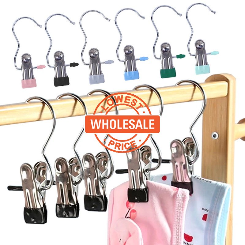 [Harga Grosir] Klip Tahan Angin Stainless Steel Multifungsi Dengan Kait Travel Portable Pakaian Kaos Kaki Handuk Gantungan Non-Slip Laundry Pakaian Pengeringan Gantungan Organizer Aksesoris