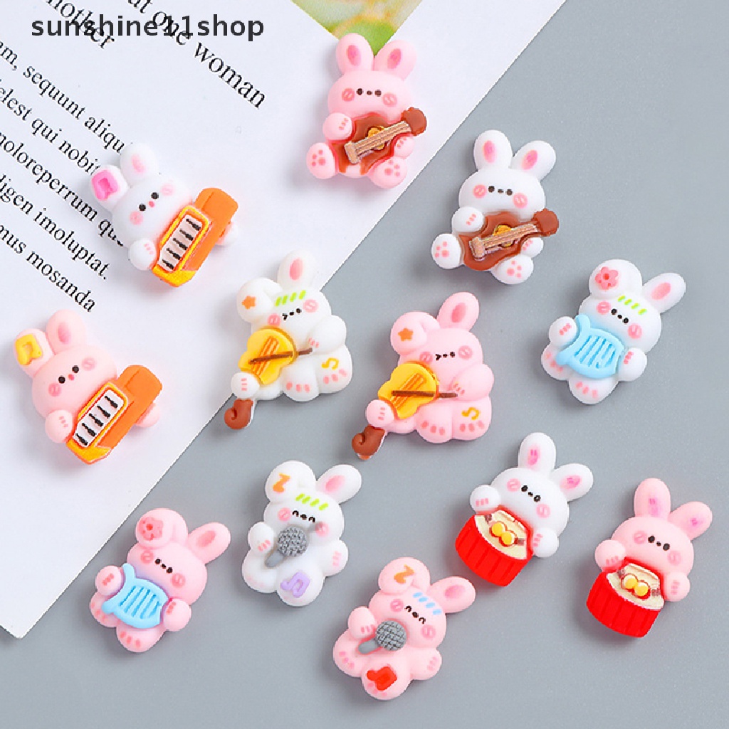 Sho 10 Pcs Kartun Alat Musik Kelinci Resin Patch Kawaii DIY Stationery Case Hiasan Kepala Membuat Perhiasan Perlengkapan Ornamen Rumah N