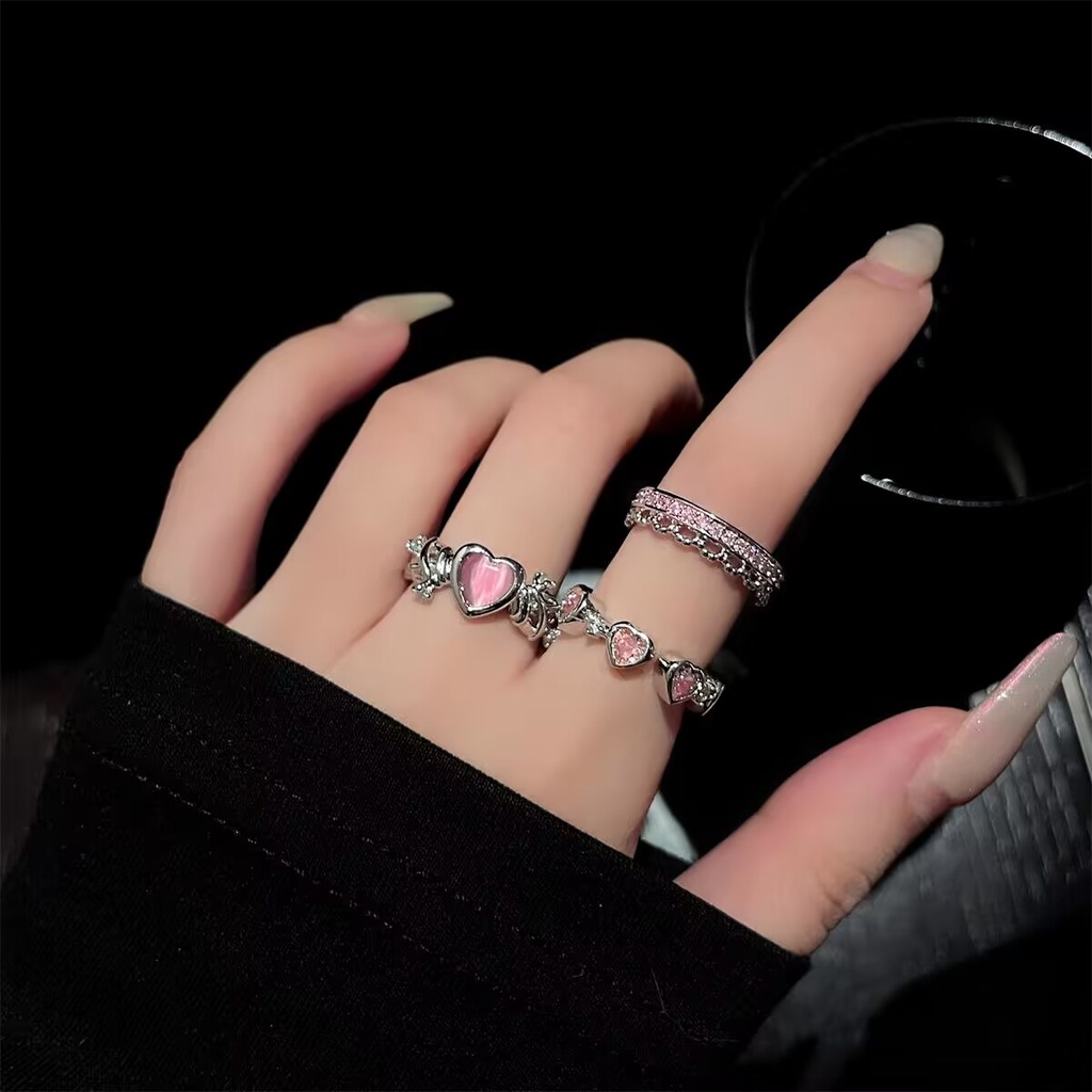 Cincin Silver Zircon Pink Manis Kristal Hati Pembukaan Adjustable Rings Untuk Aksesoris Perhiasan Wanita