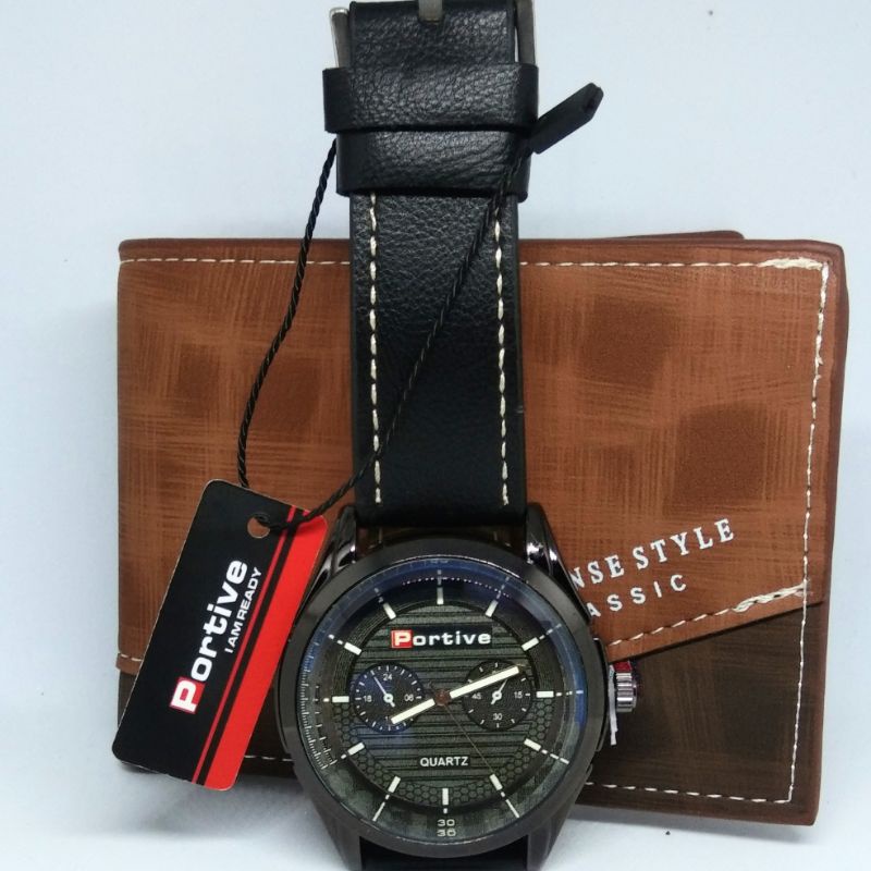 PAKET KEREN JAM TANGAN PRIA KULIT +DOMPET KULIT SINTETIS/KALEP