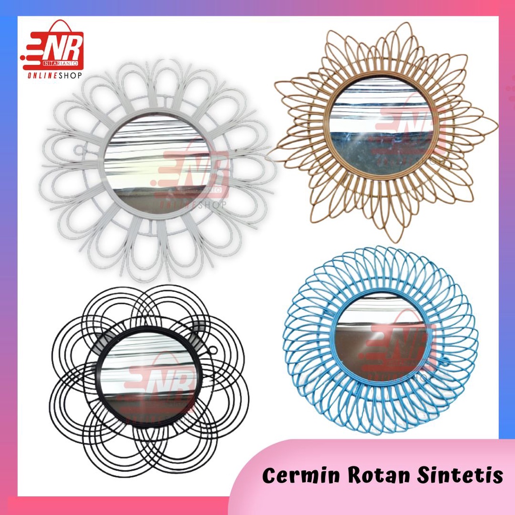 Cermin Rias Rotan Sintetis / Cermin Rotan Anyaman / Cermin Rias Dinding / Cermin Kaca Aesthetic