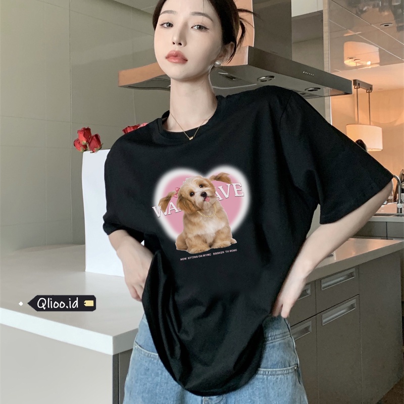 Print T-shirt Kaos Lengan Pendek Cute Pink Dog Atasan Wanita Oversize Korean Style