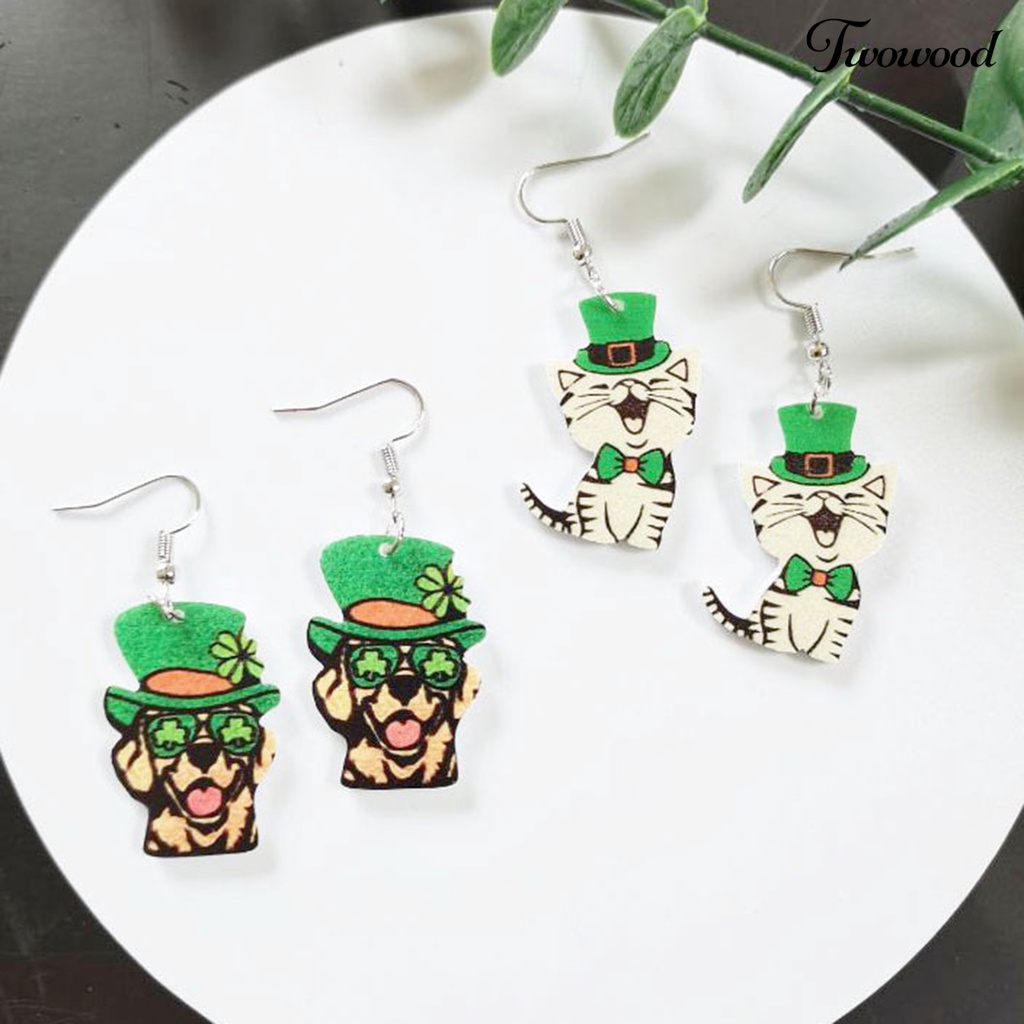 Twowood 1pasang Kait Anting Kayu Dua Sisi Shamrock Clover Lucu Irish Hijau Topi Anjing Menjuntai Anting Perlengkapan Hari Saint Patrick