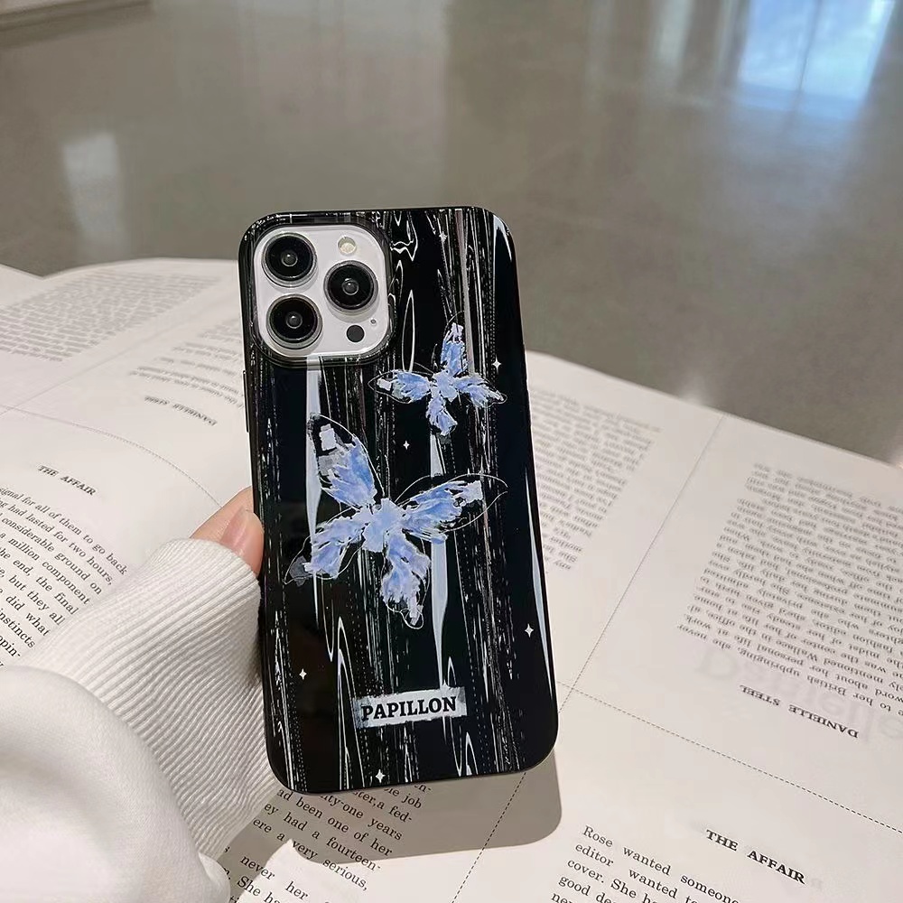 IPHONE Ins Kupu-Kupu Biru Cocok Untuk Iphone14 14pro 14plus 13 13mini 13pro 13prm iPhone12 7Plus 8Plus Xr XS 13 12mini Pro Max Empat Sudut Casing Ponsel Tahan Guncangan