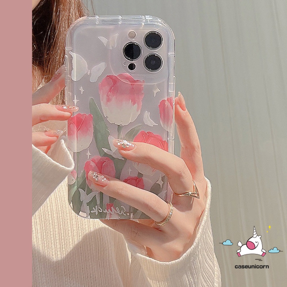 IPHONE Kompatibel Untuk Iphone14 Pro Max11 13 12 Pro MAX XR 6 6S 7 8 Plus X XS MAX Fashion Segar Musim Semi Bunga Tulip Kupu-Kupu Shockproof Lembut TPU Airbag Phone Case