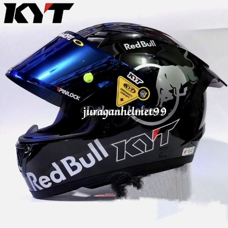 helm full face kyt r10 black glossy paket ganteng red bull