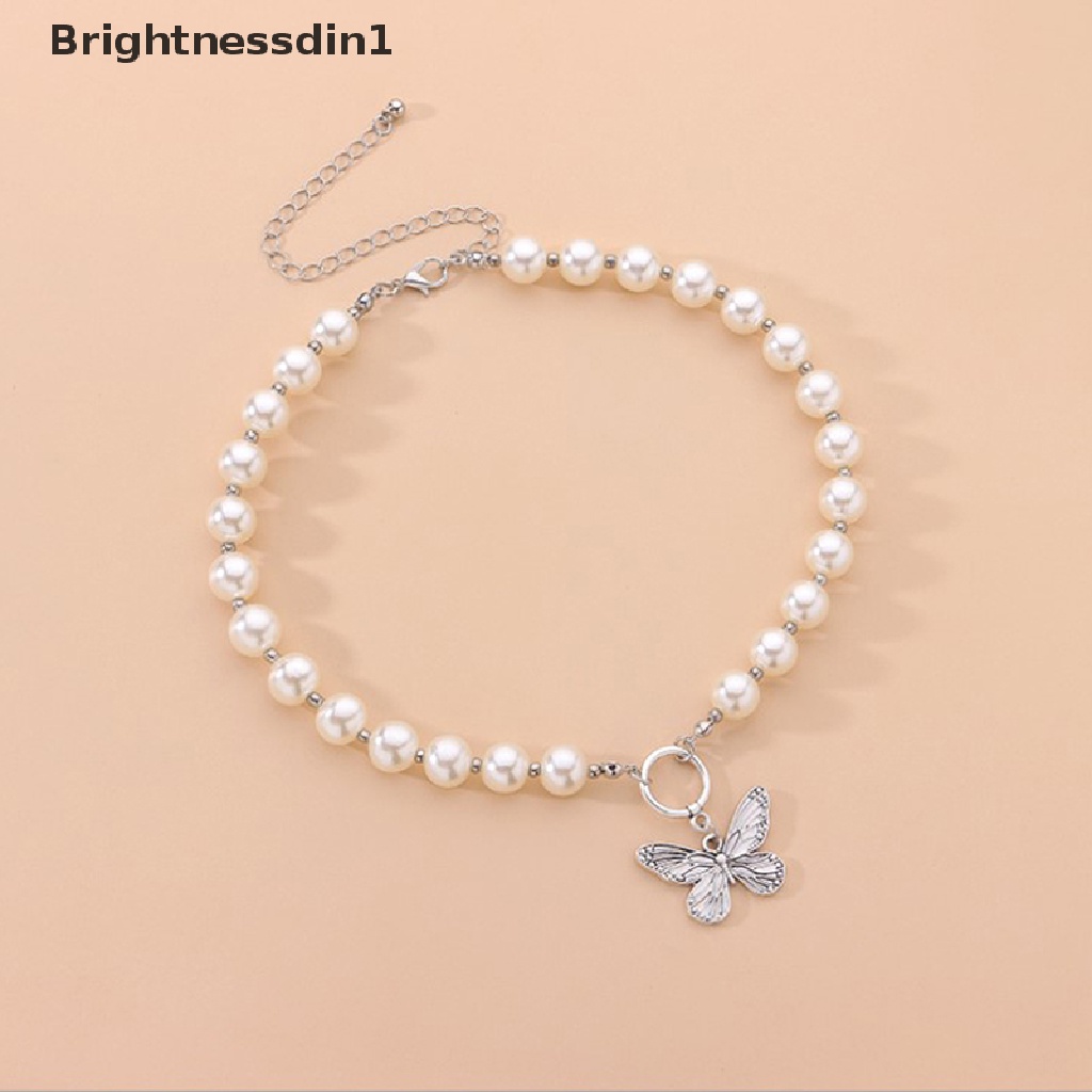 [Brightnessdin1] 1pc Kalung Rantai Manik Mutiara Liontin Kupu-Kupu Kalung Untuk Wanita Fashion Butik