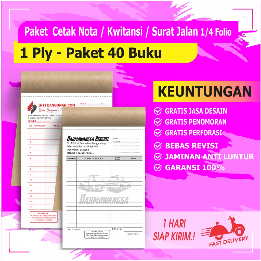 

cetak Nota custom 1 ply / Paket 40 buku 1 Rangkap ( 1 RIM ) nota custom surat jalan custom BEBAS DESAIN