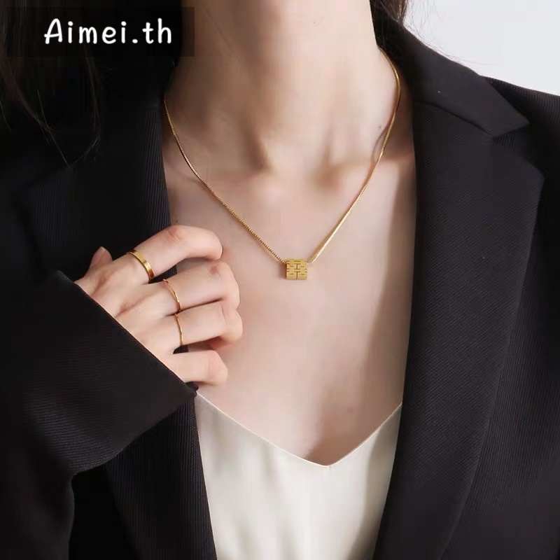 Kalung Rantai Klavikula Model Hollow | Kalung Liontin Kebahagiaan Ganda Warna Emas | Aksesoris Bahan Titanium Steel 18k Warna Rose Gold | Perhiasan Bahan Stainless Steel Untuk Hadiah