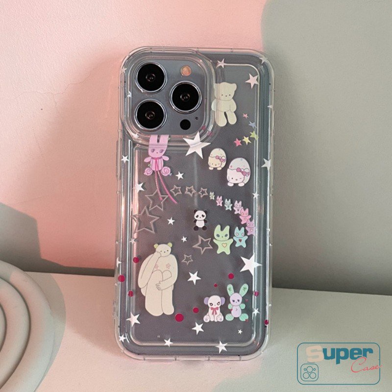 IPHONE Bening Lembut Silicon TPU Case Kompatibel Untuk Iphone7 8 6 6s Plus 11 13 14 12 Pro MAX XR X XS MAX SE 2020 Ins Graffiti Lucu Kartun Lovely Star Bear Airbag Shockproof Back Cover