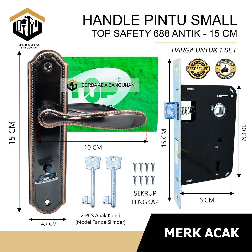 Handle Gagang Kunci Pintu Kecil Model Lama Jadul Mortise Door Locks Set TOP 688 Gold Antik Gold