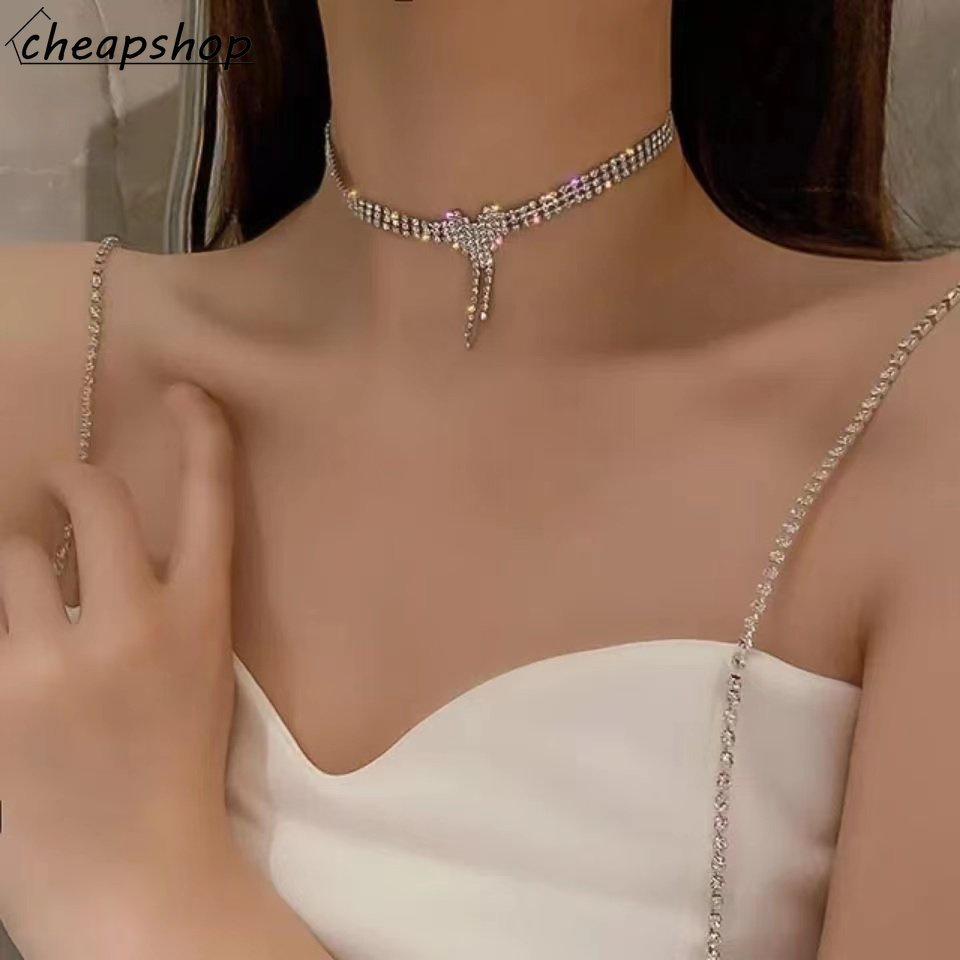 IFYOU Kalung Jumbai Hati Simple Choker Rantai Klavikula Kristal Silver Untuk Aksesoris Perhiasan Wanita