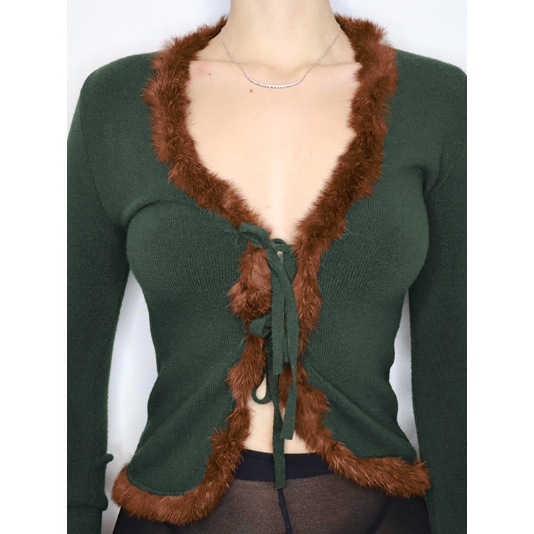 Y2K Feathers Patchwork Lace-up Knitted Cardigan Green Fairycore V-neck Sexy Slim Jacket Vintage Stre