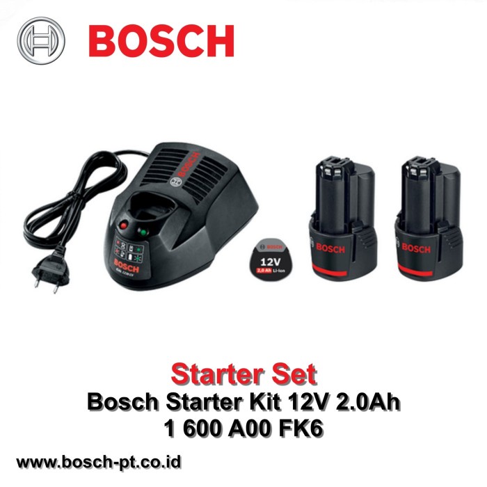 2 Baterai 2Ah 12V & 1 Charger Set Bosch PN 1 600 A00 F6K