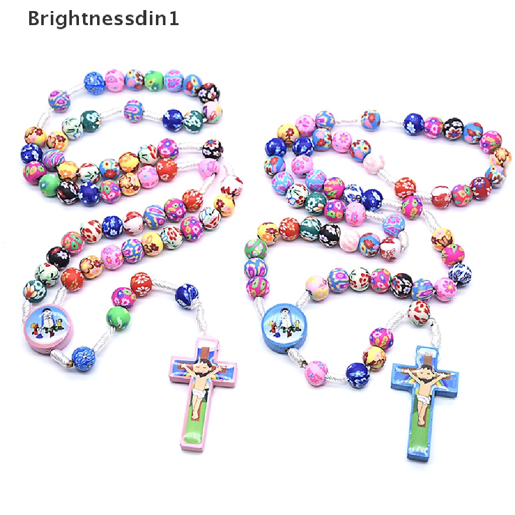 [Brightnessdin1] Kartun Warna-Warni Polymer clay Manik-Manik Liontin Salib Kalung Anak Rosario Doa Kristen Agama Perhiasan Butik