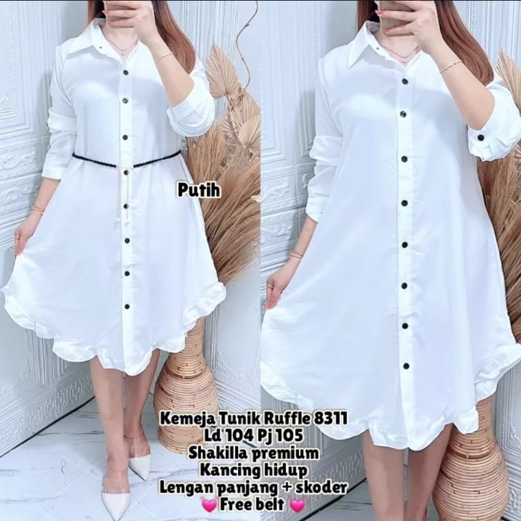 PROMO TUNIK RUFFLE REMPEL BAWAH WANITA KEKINIAN FREE BELT, LD 100 - 120 / KEMEJA WANITA/ ATASAN WANI
