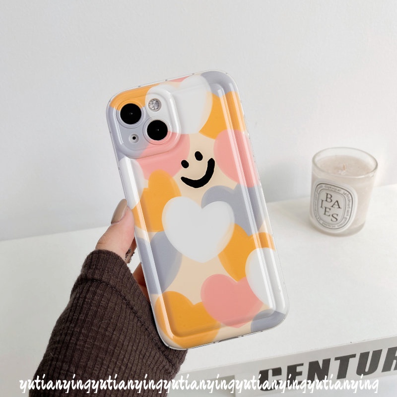 IPHONE Kartun Smiley Colorful Love Heart Case Kompatibel Untuk Iphone11 14 13 12 Pro MAX XR 6 6S 78 Plus X XS MAX Lembut TPU Pelindung Kamera Silicon Shockproof Airbag Back Cover