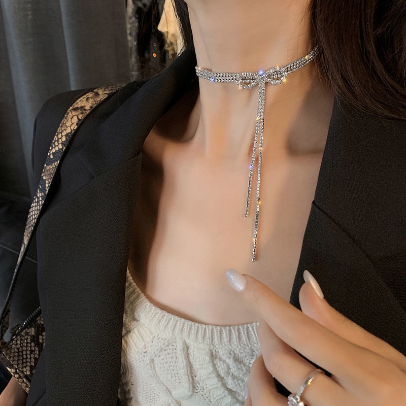 Kalung Choker Silver Zircon Mewah Elegant Bow Tassel Necklaces Untuk Aksesoris Perhiasan Wanita