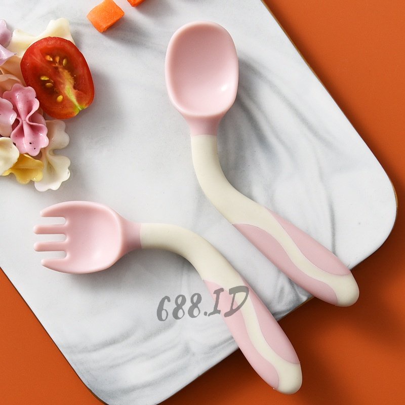 Sendok Makan Bayi Alat Makan Bayi Set Sendok Garpu Bengkok MPASI Bahan Silikon Safety Spoon Baby PR 21