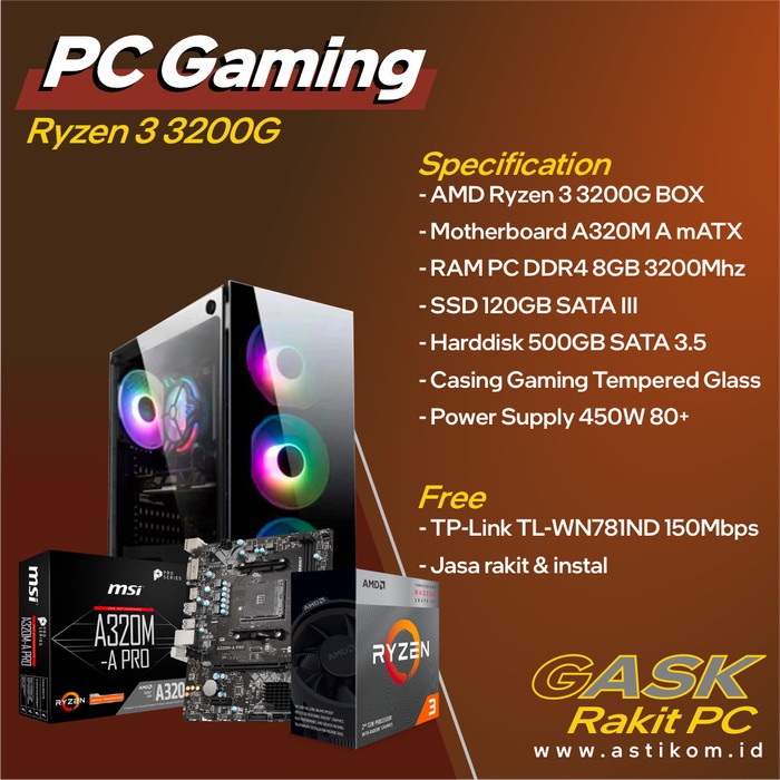 Rakitan PC Gaming Editing Ryzen 3 3200G Komputer Design Desain Murah