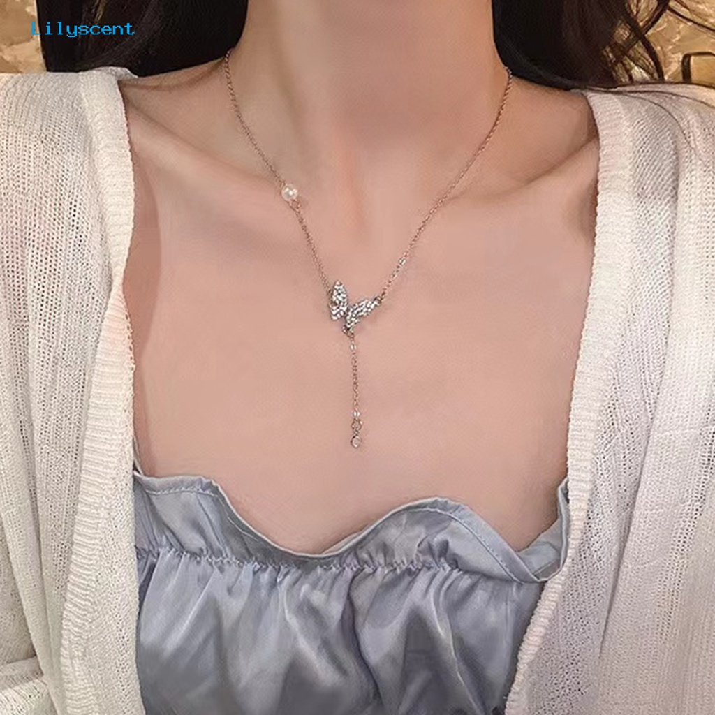 [LS] Kalung Rumbai High-end Kupu-Kupu Mutiara Imitasi Cahaya Mewah Cubic Zirconia Leher Ornamen Temperamen Shiny Panjang Liontin Klavikula Kalung Perhiasan Aksesori