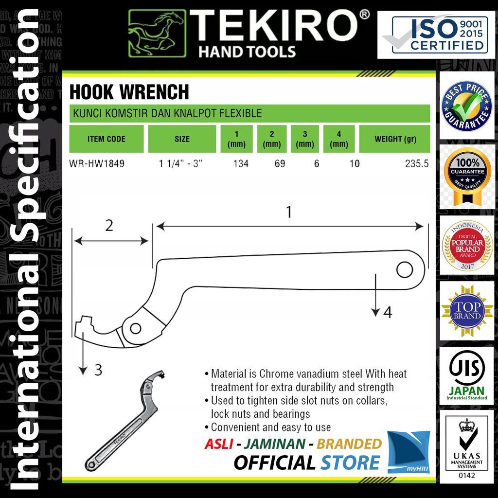 Kunci Komstir dan Knalpot 31-76 mm Fleksibel / Flexible Hook Wrench TEKIRO ( Kunci Bengkel Resmi )