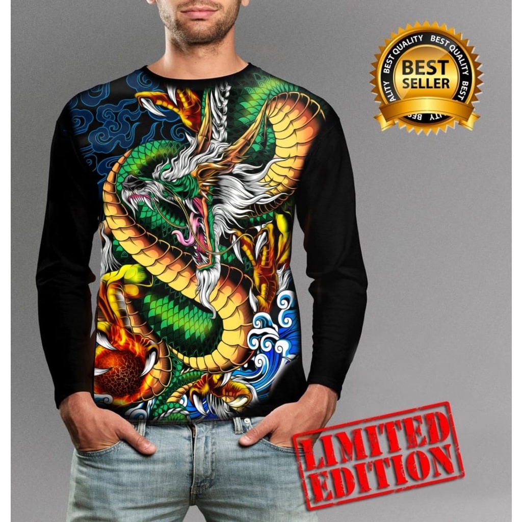 Kaos Distro Lengan Panjang Pria Motif Naga Fullprint