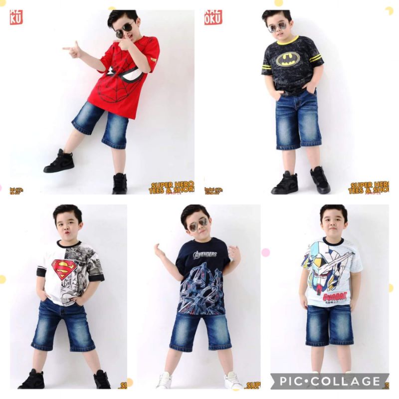 Setelan anak kaos celana jeans pendek kazoku