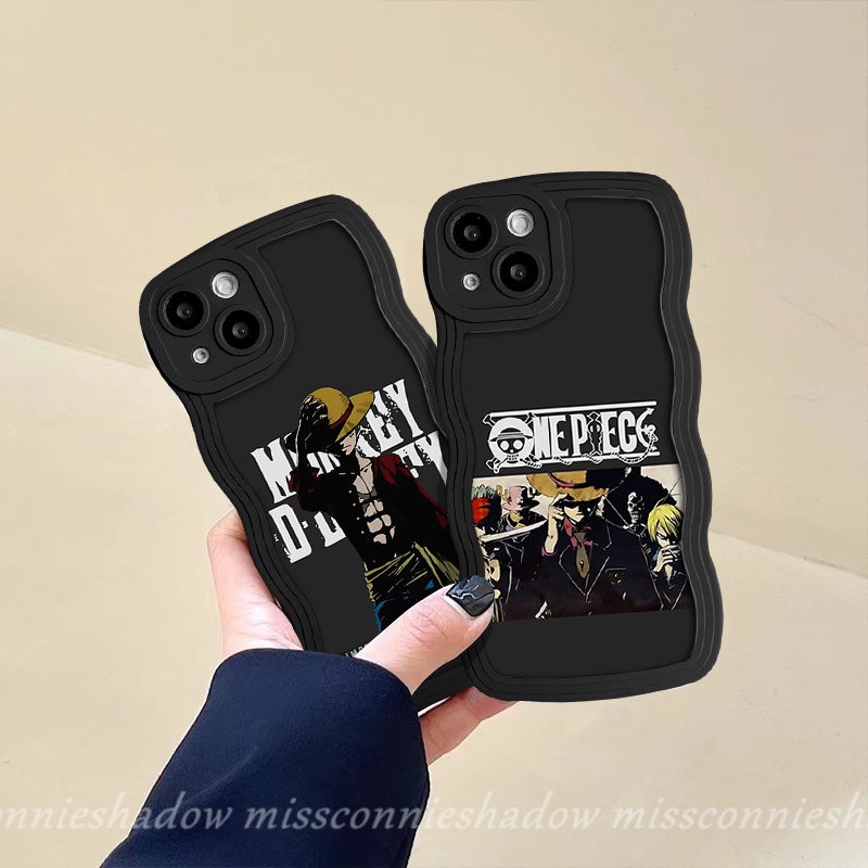 IPHONE Casing Ponsel Anime One Piece Merek Trendi Kompatibel Untuk Iphone11 Pro Max XR 78 Plus X XS Max 13 11 12 14 Pro Max 14 6s 6 Plus SE 2020 Kartun Luffy Lembut Tpu Hitam Bergelombang Penutup Tepi