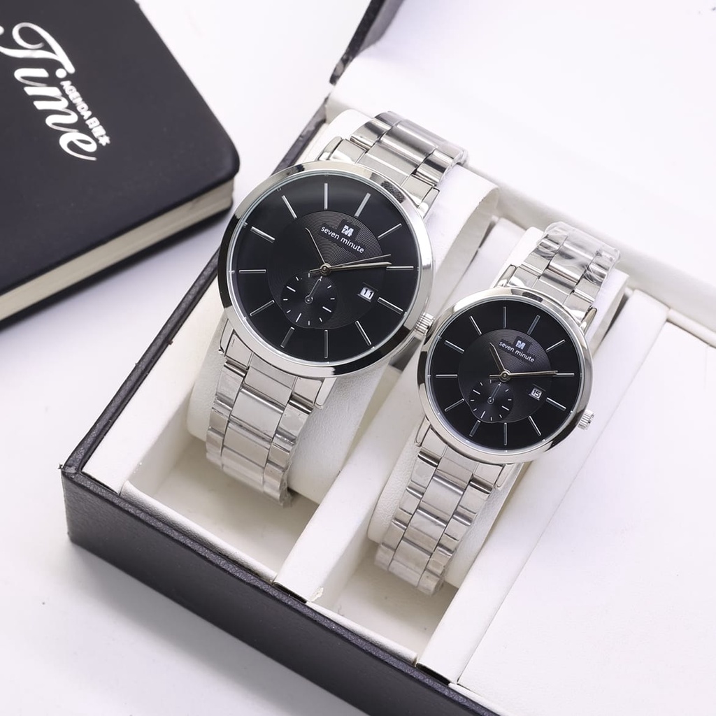 Jam Tangan Couple Seven Minute L31504S Tali Rantai Tanggal Aktif Free Box &amp; Baterai