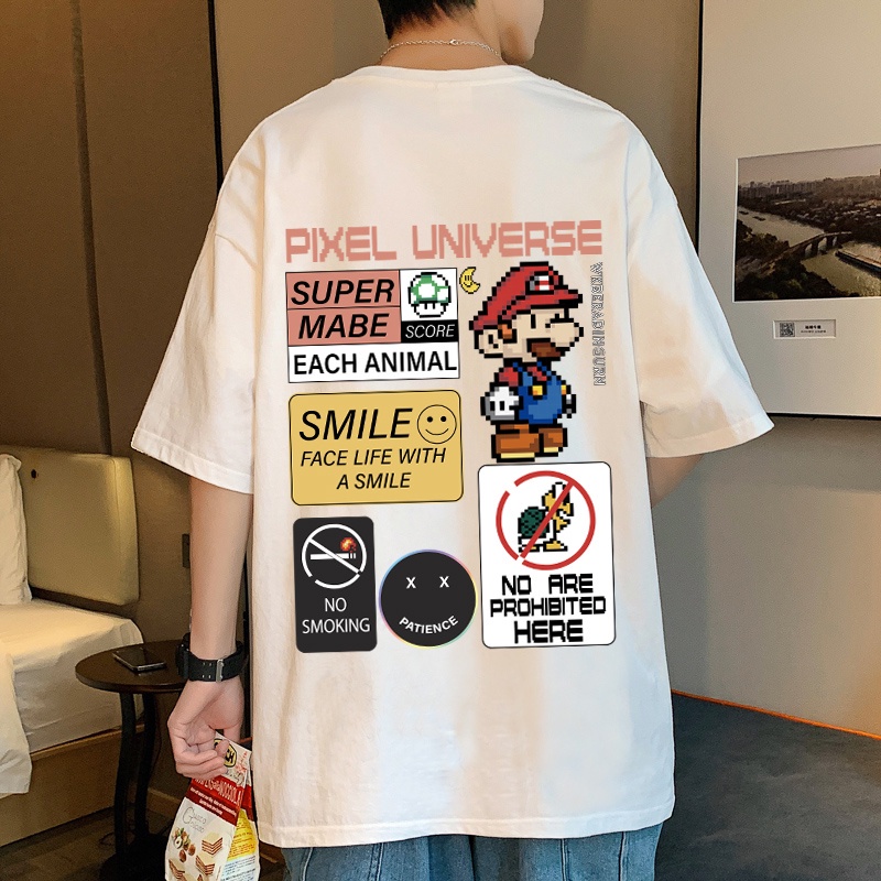 CARTOON PRINTING 3/4 OVERSIXZED T-SHIRT MEN'S SUMMER TREND THIN LOOSE HALF-SLEEVED TOP KOREAN STYLE RETRO BOTTOM SHIRT