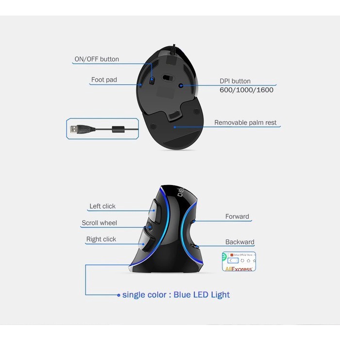 Delux M618 Plus Wired Blue Light Vertical Mouse With Wrist Palm
