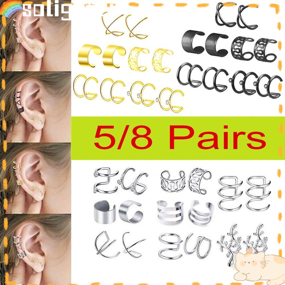 Solighter 5per8pasang Anting Fashion Stainless Steel Tanpa Tindik Ear Cuff