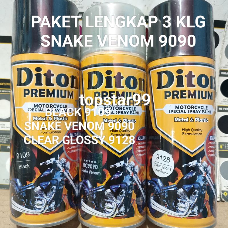 Pilok Cat Diton Premium Paket Lengkap 3 Klg Snake Venom 9090 Black 9109 Clear Glossy 9128 400cc Pilox Cat Semprot Diton Spray Paint