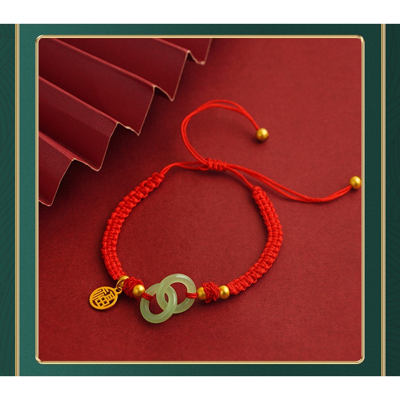 Goldkingdom Perhiasan Fashion Emas Asli Kadar 375Bangkok Aksesoris Ready Stock Gelang Interlocking Permata Vintage Gilt Wanita Model Adjustable Tali Merah