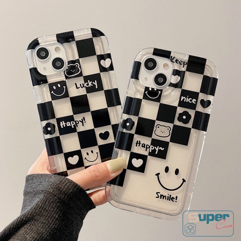 Pasangan Case Kompatibel Untuk IPhone XR 11 7 8 Plus 13 14 12 Pro MAX 6 6S Plus X XS MAX Ins Kotak-Kotak Happy Lucky Smiley Cute Bear Love Heart Flowers Shockproof Airbag Soft Cover