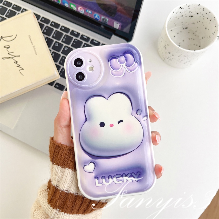 Compatible For iPhone 14 13 12 11 Pro Max X XR Xs Max 8 7 6 6s Plus SE 2020 Kompatibel Untuk Lucky Rabbit 3D Vision Phone Case TPU Soft Cover Pelindung