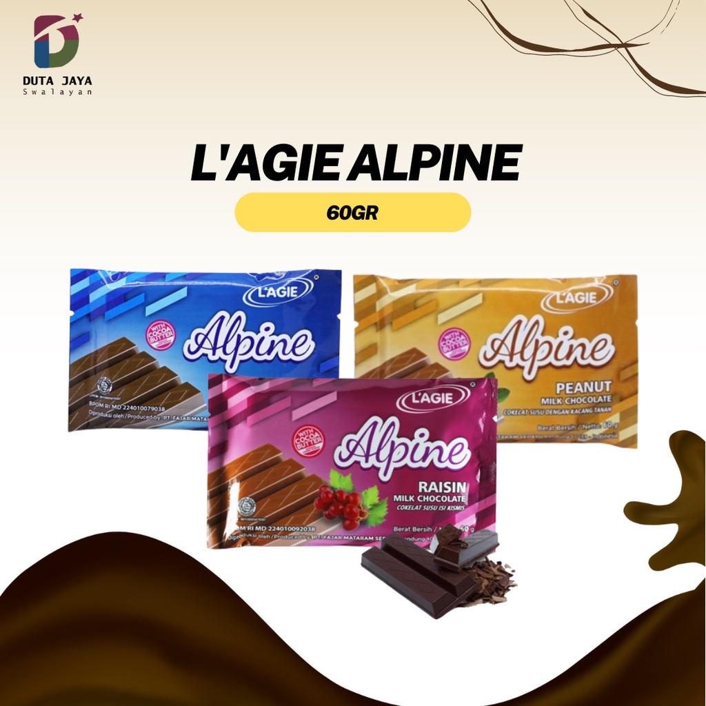 L'agie Alpine Milk Chocolate 60 Gram Raisin Peanut Full Milk Cokelat