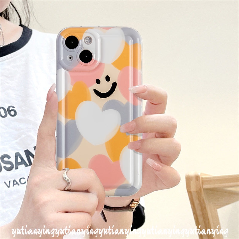 IPHONE Kartun Smiley Colorful Love Heart Case Kompatibel Untuk Iphone11 14 13 12 Pro MAX XR 6 6S 78 Plus X XS MAX Lembut TPU Pelindung Kamera Silicon Shockproof Airbag Back Cover