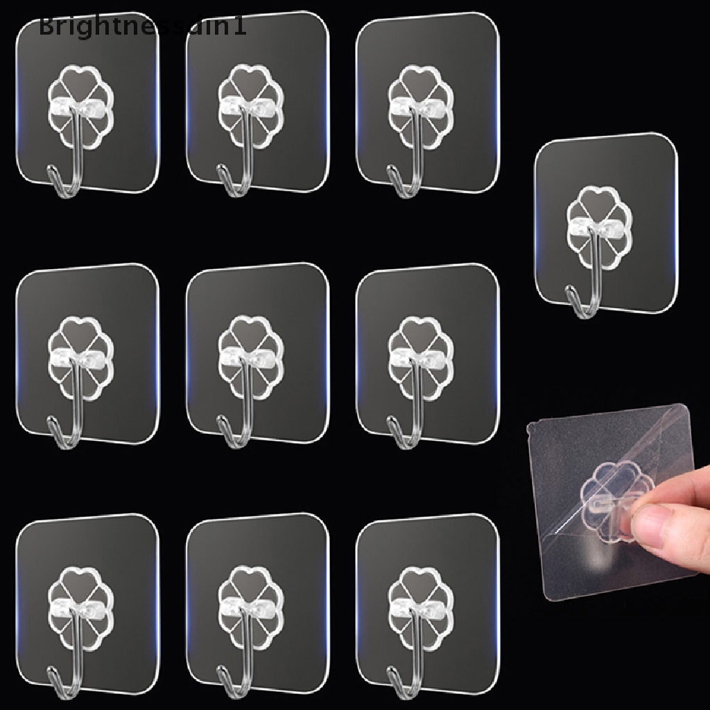 [Brightnessdin1] 10pcs Transparan Stainless Steel Kuat Perekat Diri Kait Gantungan Penyimpanan Kunci Untuk Dapur Kamar Mandi Pintu Dinding Butik Multi-Fungsi