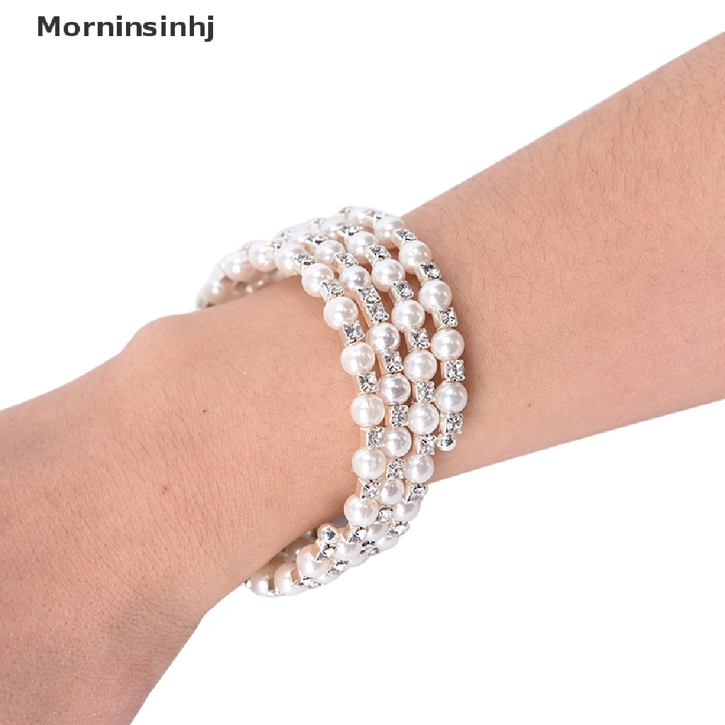 Mornin Kristal Mutiara Multilayer Lebar Elastis Manset Gelang Bangle Wristband Perhiasan id