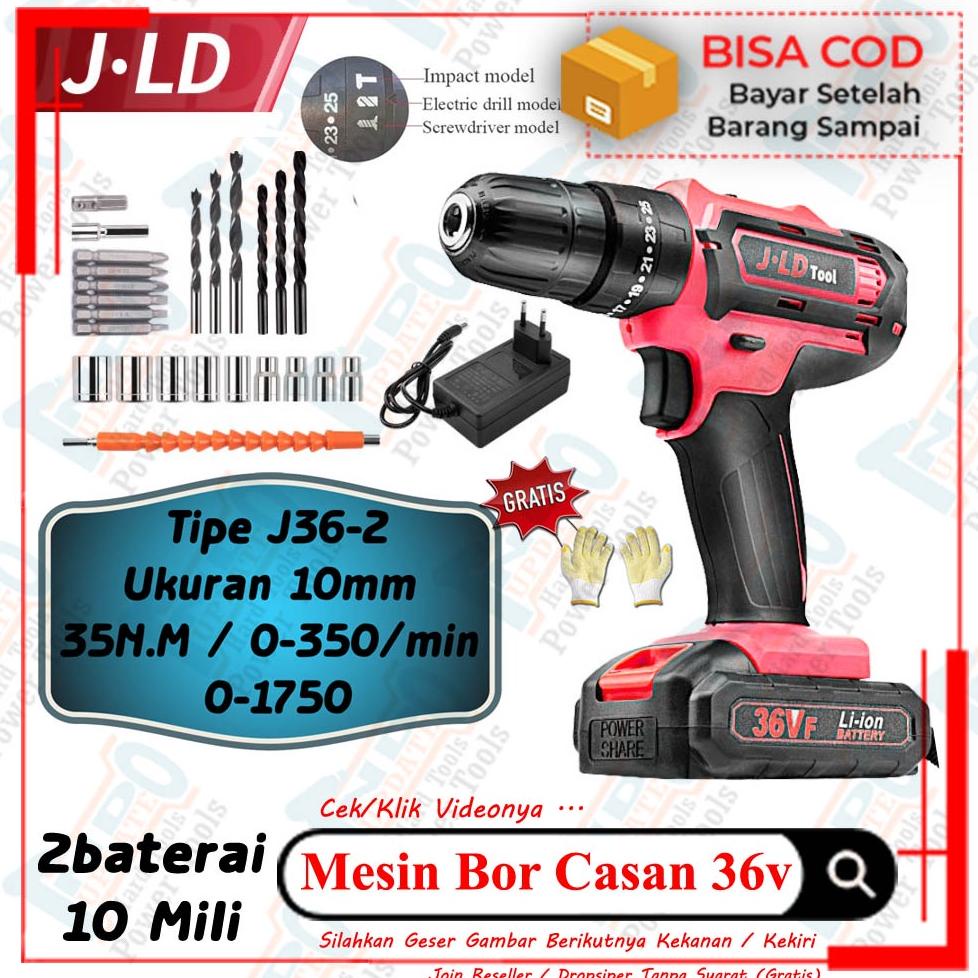 Mesin Bor Cordless Impact Drill Set  Beton Tembok 10mm Baterai 36V Jld 2batre Komplit Koper