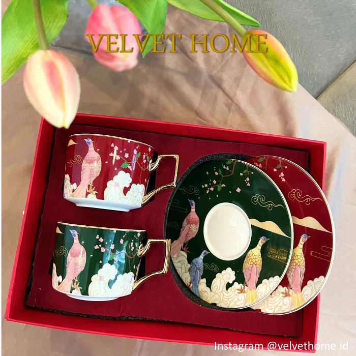 

Cangkir Tea SET Coffee Cup Burung Hampers Imlek Natal Wedding Lebaran - Red + Green