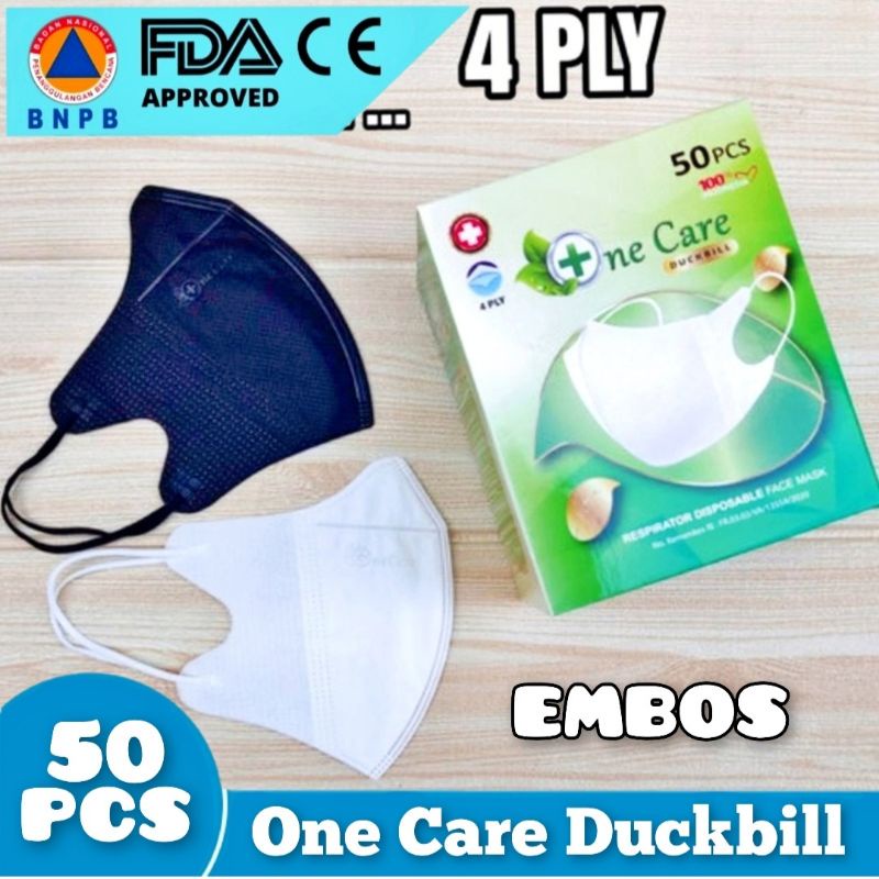 Duckbill Embos  ONE CARE 4 Ply Kualitas Premium Warna Hitam dan Putih Disposable Face Mask  Isi 50 Pcs