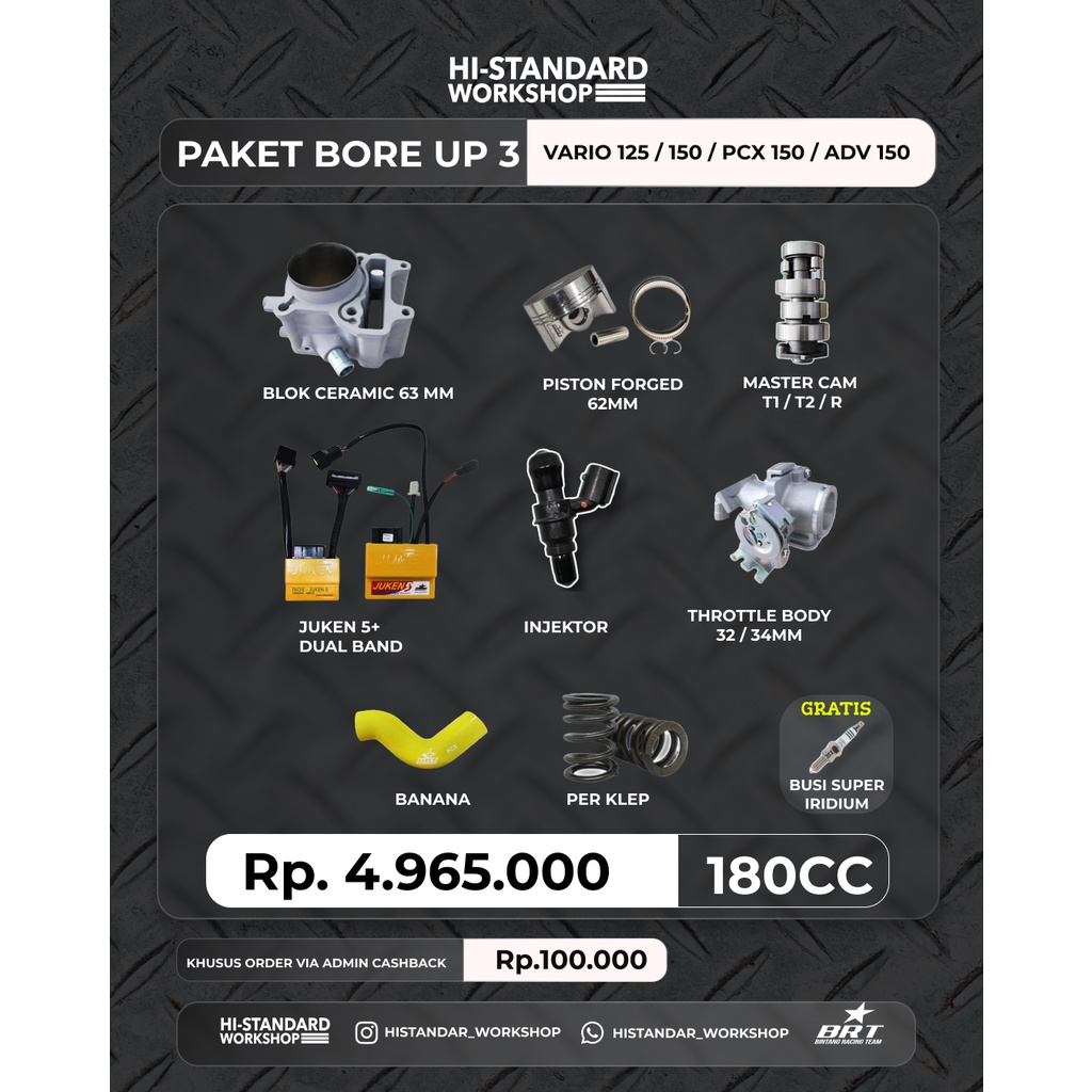 (VARIO150/PCX/ADV/VARIO 125) PAKET BORE UP 1 180CC BLOK CERAMIC 63 PISTON 63 PIN 14 INJEKTOR BRT 180