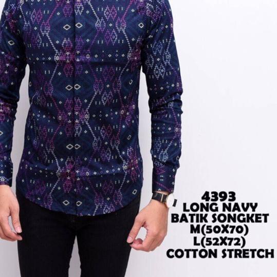 ✨SHOPEE MALL✨ ALJOSA Kemeja pria batik NAVY MOTIF HUJAN songket lengan panjang 4393 grosir
