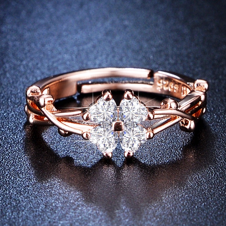 Goldkingdom Aksesoris Perhiasan Fashion Ready Stock Jepang Dan Korea Empat Daun Semanggi Benang Zirkon Bunga Cincin Net Selebriti Kepribadian Fashion Perempuan Niche Desain Cinta Cincin